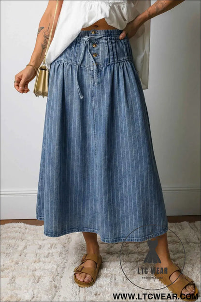 Sky Blue Stripe Button Pintuck High Waist Drawstring Denim Midi Skirt