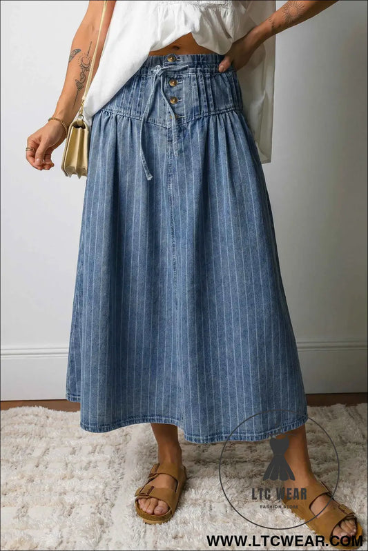 Sky Blue Stripe Button Pintuck High Waist Drawstring Denim Midi Skirt