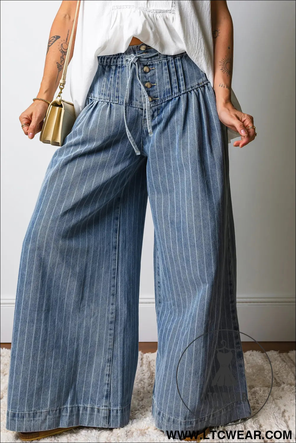 Sky blue stripe button pleated drawstring waist casual wide leg jeans - jeans