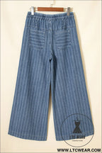 Sky blue stripe button pleated drawstring waist casual wide leg jeans - jeans