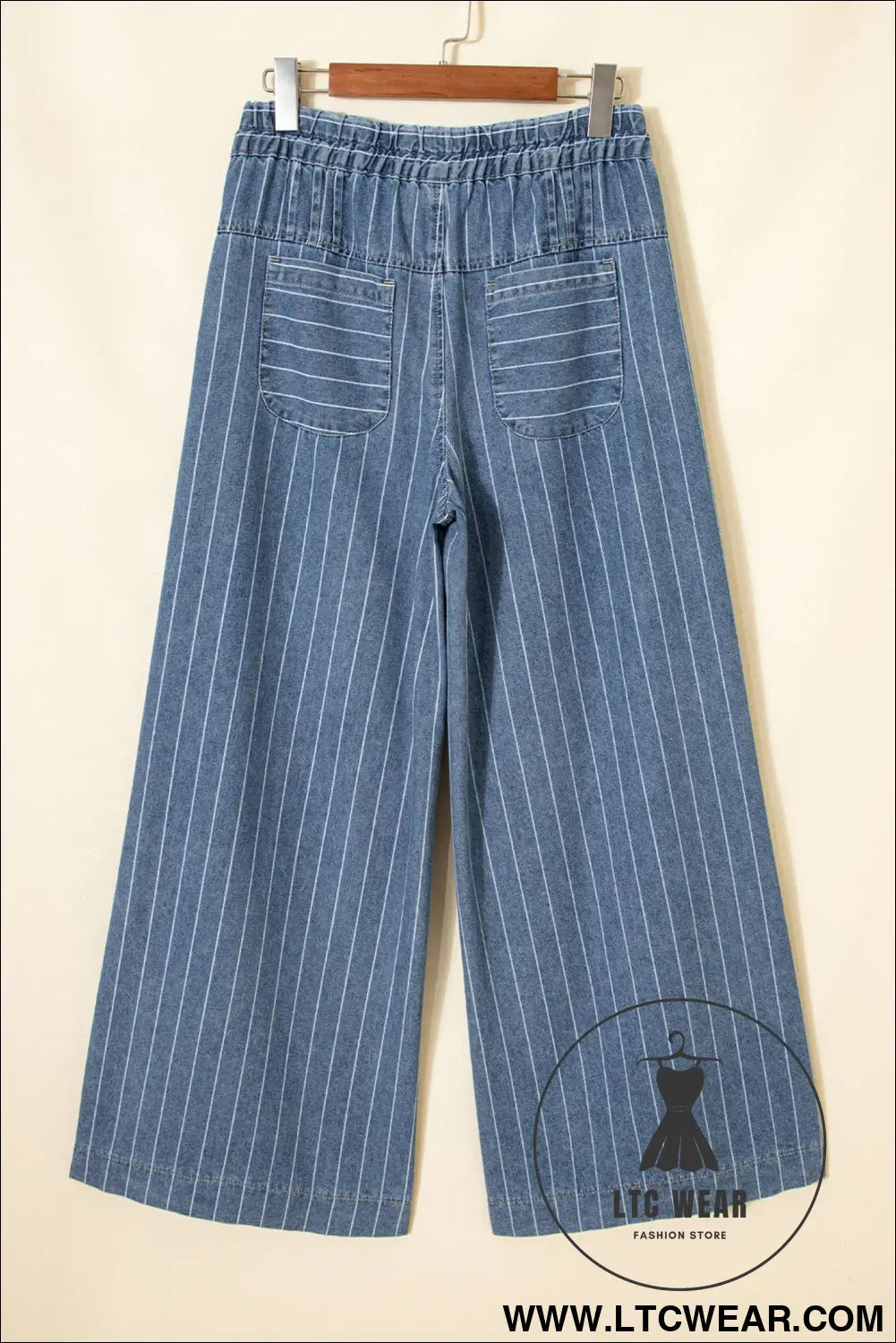 Sky blue stripe button pleated drawstring waist casual wide leg jeans - jeans