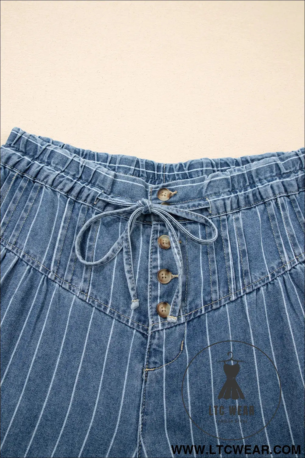Sky blue stripe button pleated drawstring waist casual wide leg jeans - jeans