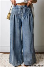 Sky blue stripe button pleated drawstring waist casual wide leg jeans - jeans