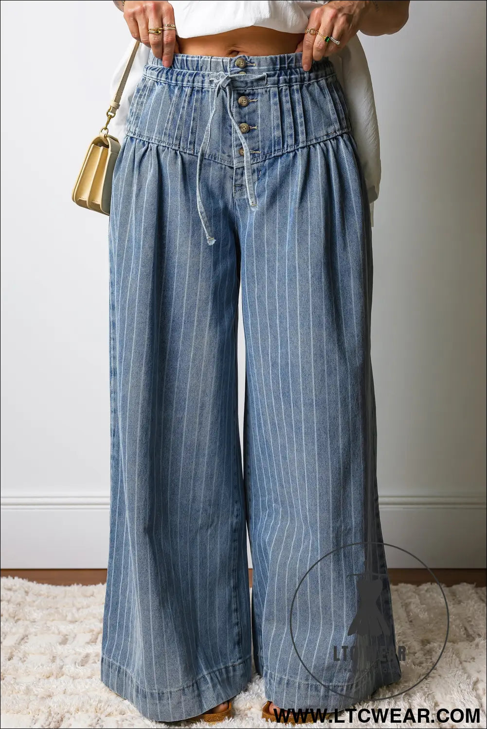 Sky blue stripe button pleated drawstring waist casual wide leg jeans - jeans