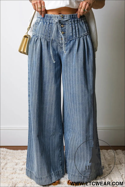 Sky blue stripe button pleated drawstring waist casual wide leg jeans - jeans