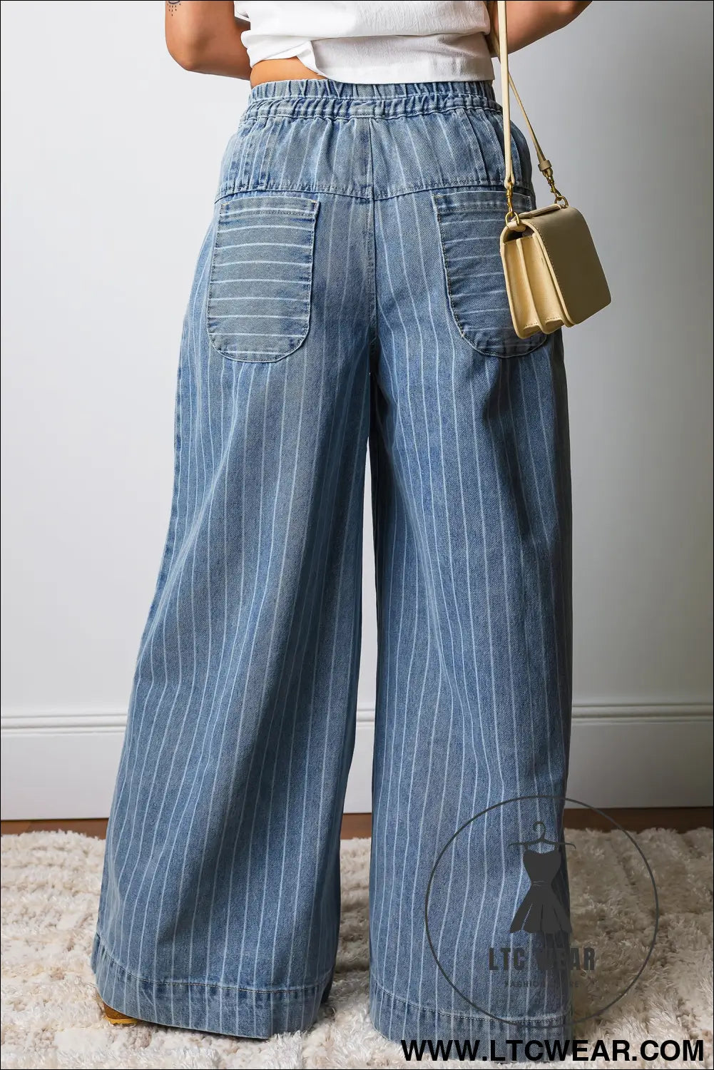 Sky blue stripe button pleated drawstring waist casual wide leg jeans - jeans