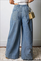 Sky blue stripe button pleated drawstring waist casual wide leg jeans - jeans