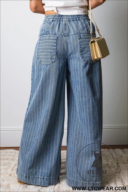 Sky blue stripe button pleated drawstring waist casual wide leg jeans - jeans