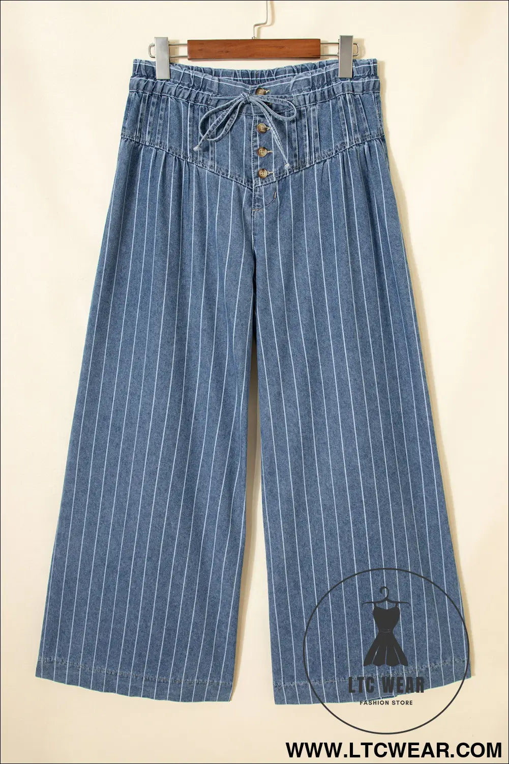 Sky blue stripe button pleated drawstring waist casual wide leg jeans - jeans