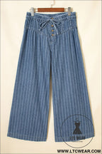 Sky blue stripe button pleated drawstring waist casual wide leg jeans - jeans