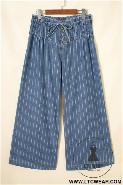 Sky blue stripe button pleated drawstring waist casual wide leg jeans - jeans
