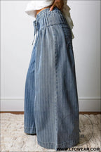 Sky blue stripe button pleated drawstring waist casual wide leg jeans - jeans