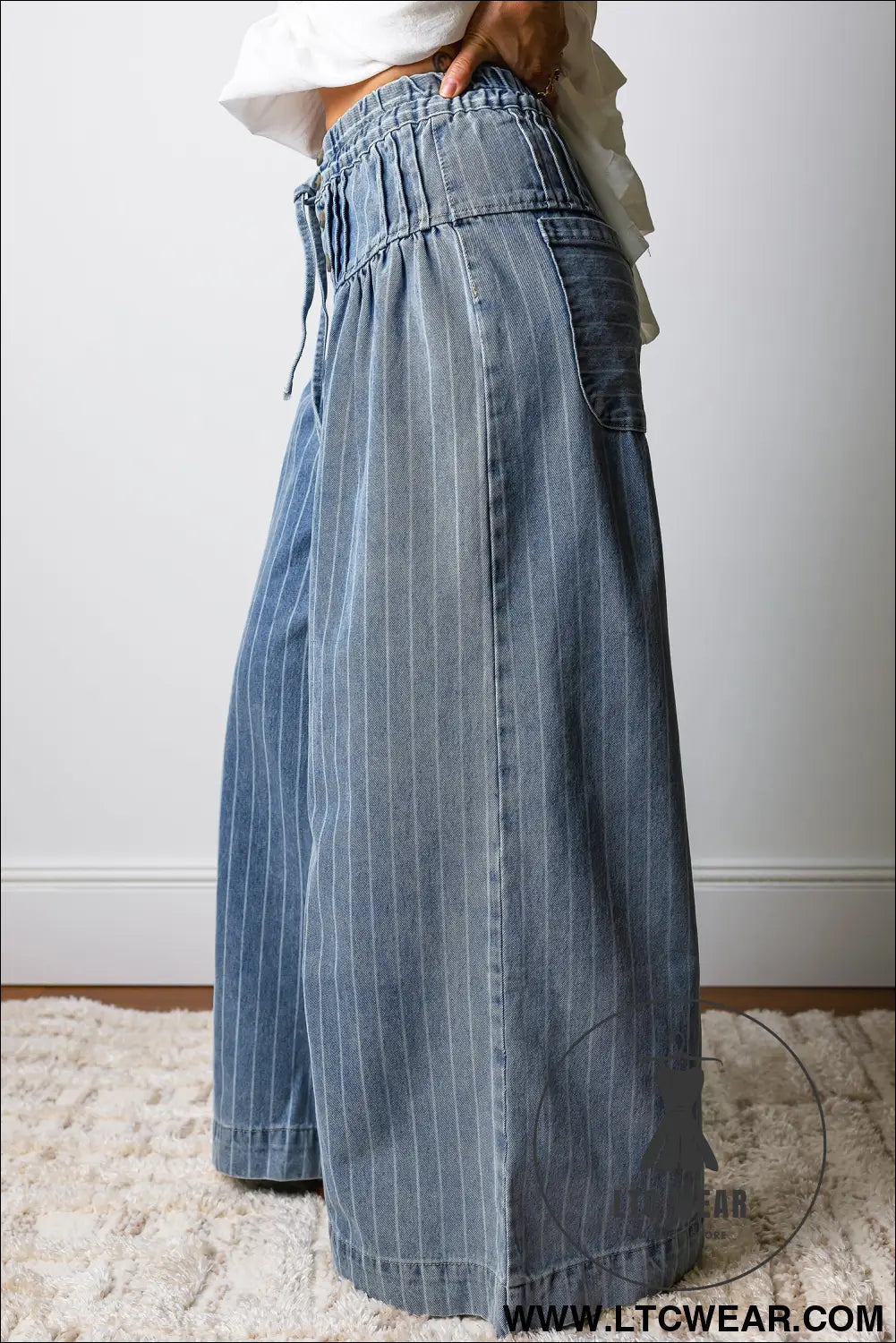 Sky blue stripe button pleated drawstring waist casual wide leg jeans - jeans