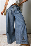 Sky blue stripe button pleated drawstring waist casual wide leg jeans - jeans