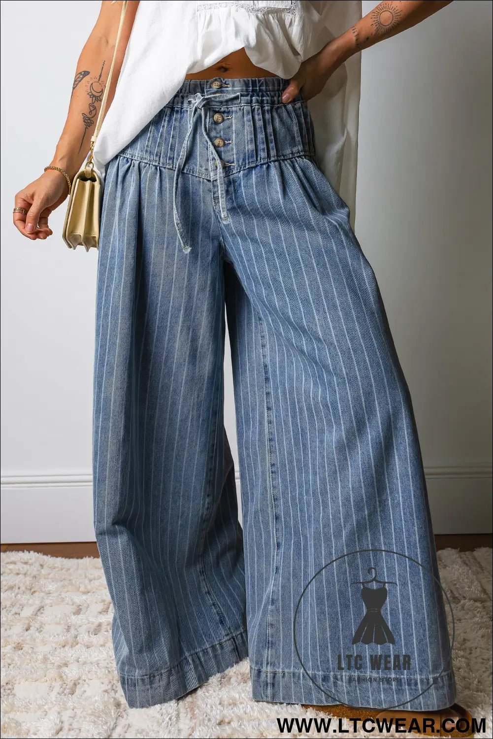 Sky blue stripe button pleated drawstring waist casual wide leg jeans - jeans