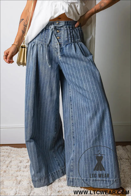 Sky blue stripe button pleated drawstring waist casual wide leg jeans - jeans