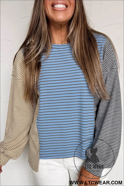 Sky Blue Stripe Color Block Contrast Long Sleeve Round Neck Casual Shift Pullover
