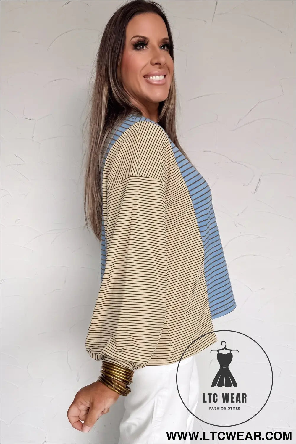 Sky Blue Stripe Color Block Contrast Long Sleeve Round Neck Casual Shift Pullover