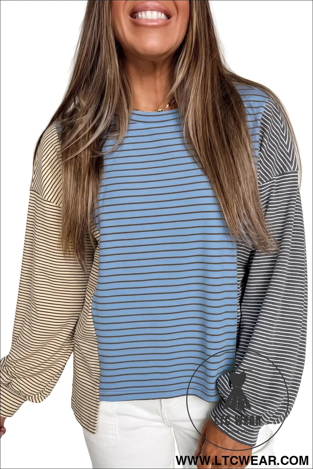 Sky Blue Stripe Color Block Contrast Long Sleeve Round Neck Casual Shift Pullover