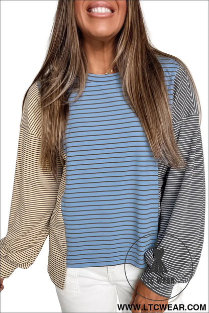 Sky Blue Stripe Color Block Contrast Long Sleeve Round Neck Casual Shift Pullover