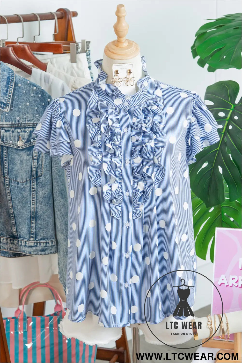 Sky blue stripe contrast polka dot print pleated ruffle sleeve shirt - blouses & shirts