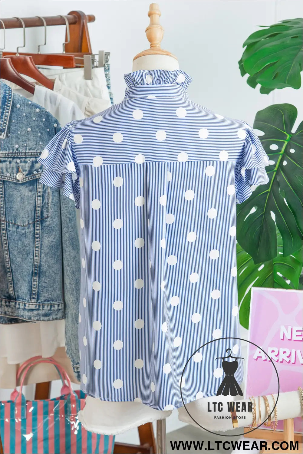 Sky blue stripe contrast polka dot print pleated ruffle sleeve shirt - blouses & shirts