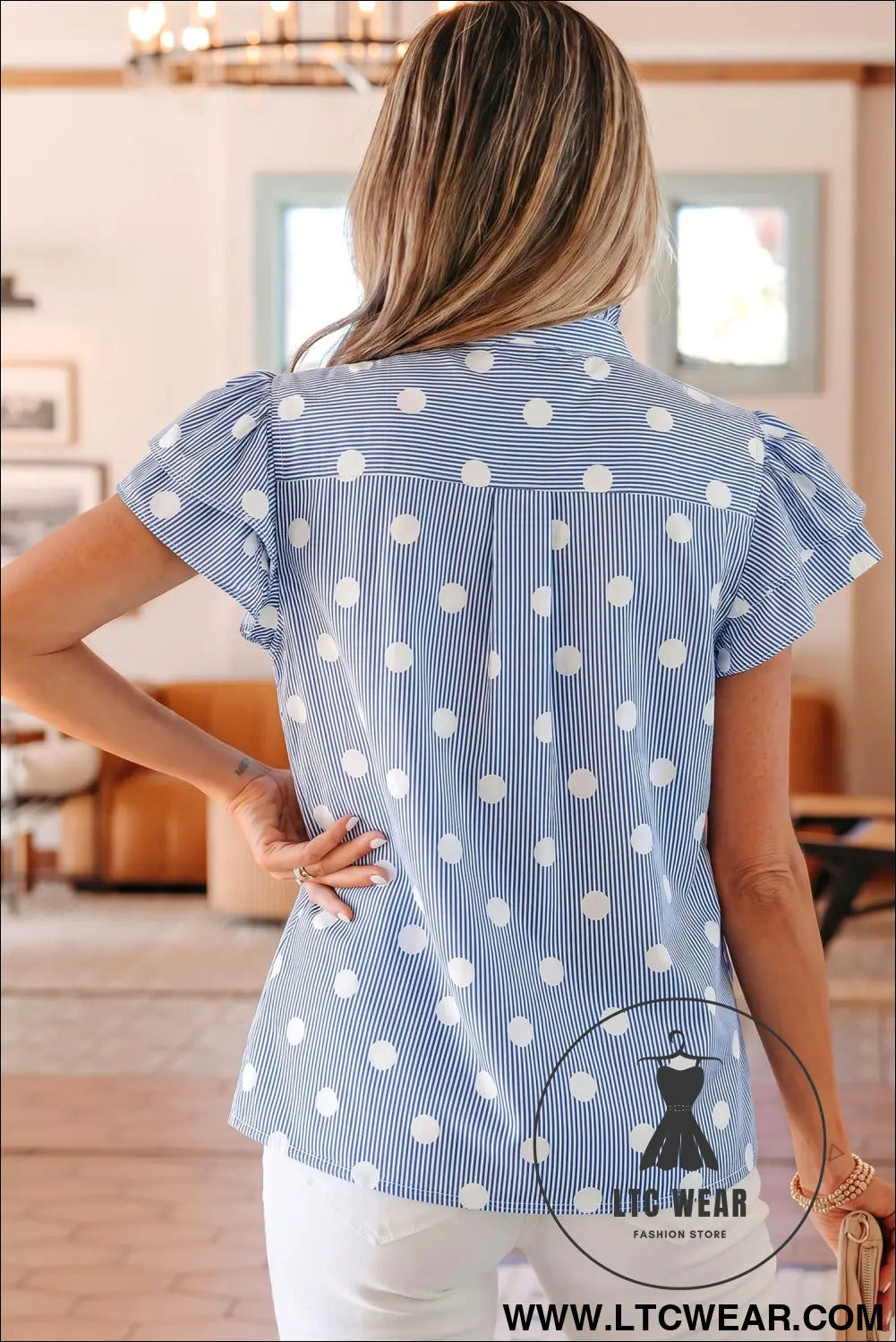 Sky blue stripe contrast polka dot print pleated ruffle sleeve shirt - blouses & shirts