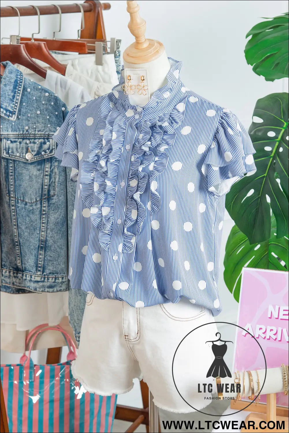 Sky blue stripe contrast polka dot print pleated ruffle sleeve shirt - blouses & shirts