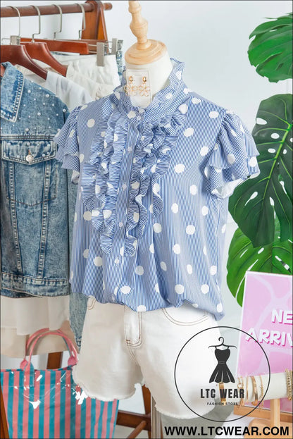 Sky blue stripe contrast polka dot print pleated ruffle sleeve shirt - blouses & shirts
