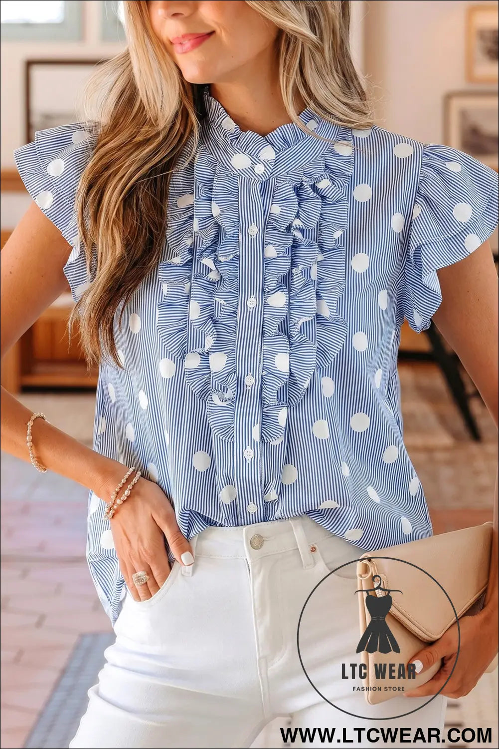 Sky blue stripe contrast polka dot print pleated ruffle sleeve shirt - sky blue / l / 100% polyester - blouses & shirts