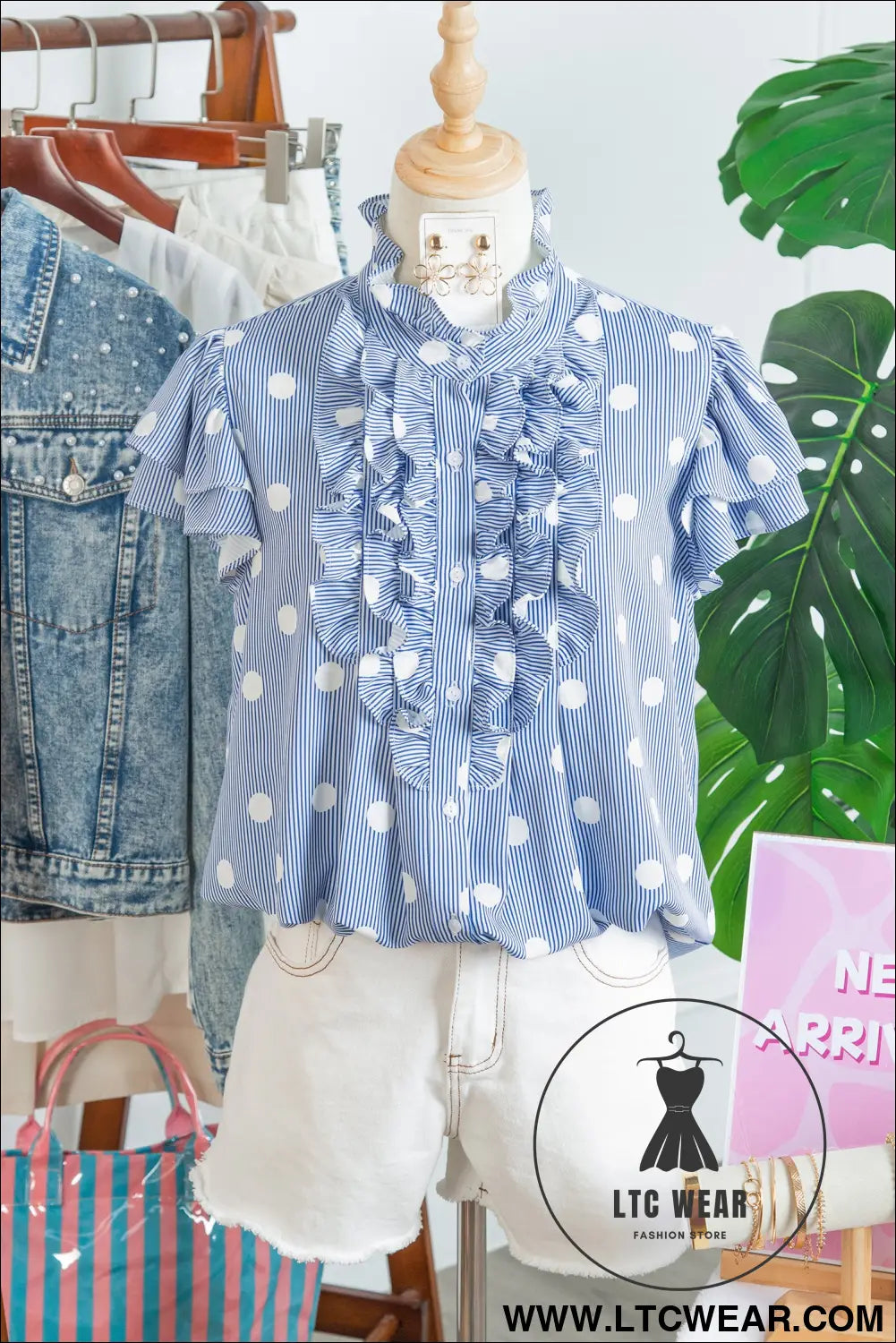 Sky blue stripe contrast polka dot print pleated ruffle sleeve shirt - blouses & shirts