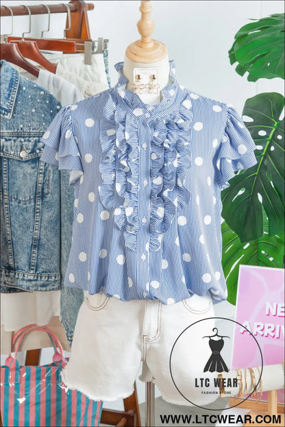 Sky blue stripe contrast polka dot print pleated ruffle sleeve shirt - blouses & shirts