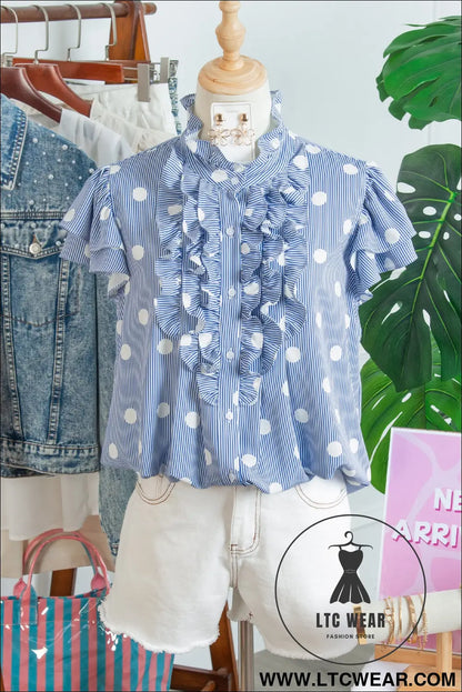 Sky blue stripe contrast polka dot print pleated ruffle sleeve shirt - blouses & shirts