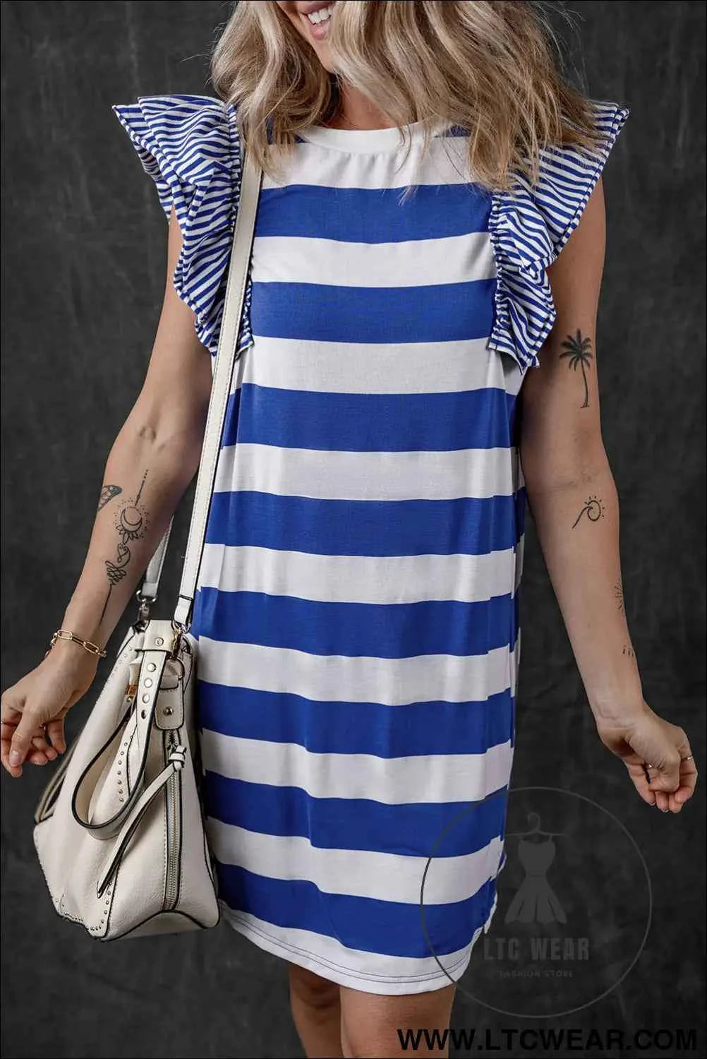 Sky Blue Stripe Ruffled Sleeve T-shirt Dress
