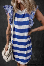 Sky Blue Stripe Ruffled Sleeve T-shirt Dress