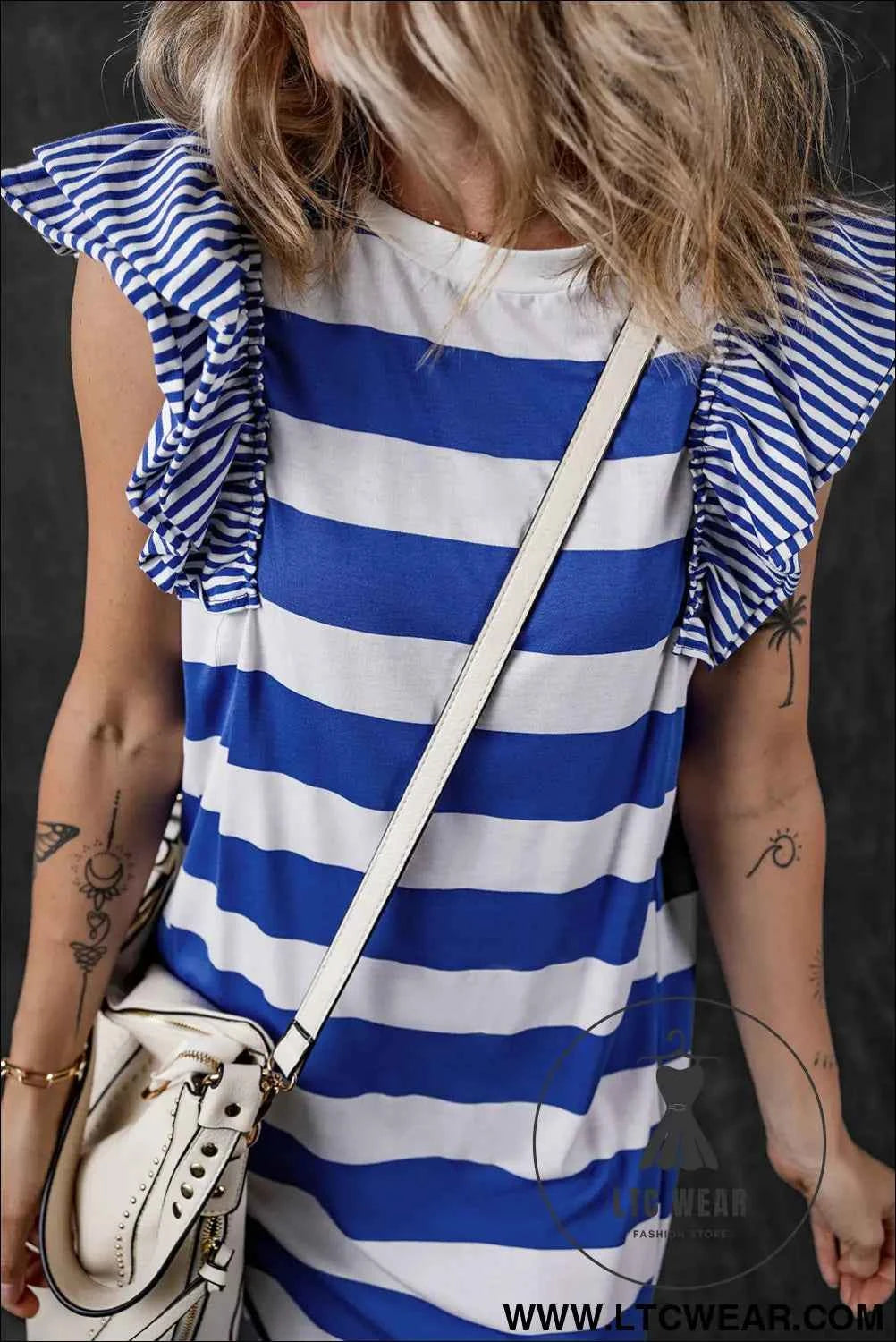 Sky Blue Stripe Ruffled Sleeve T-shirt Dress