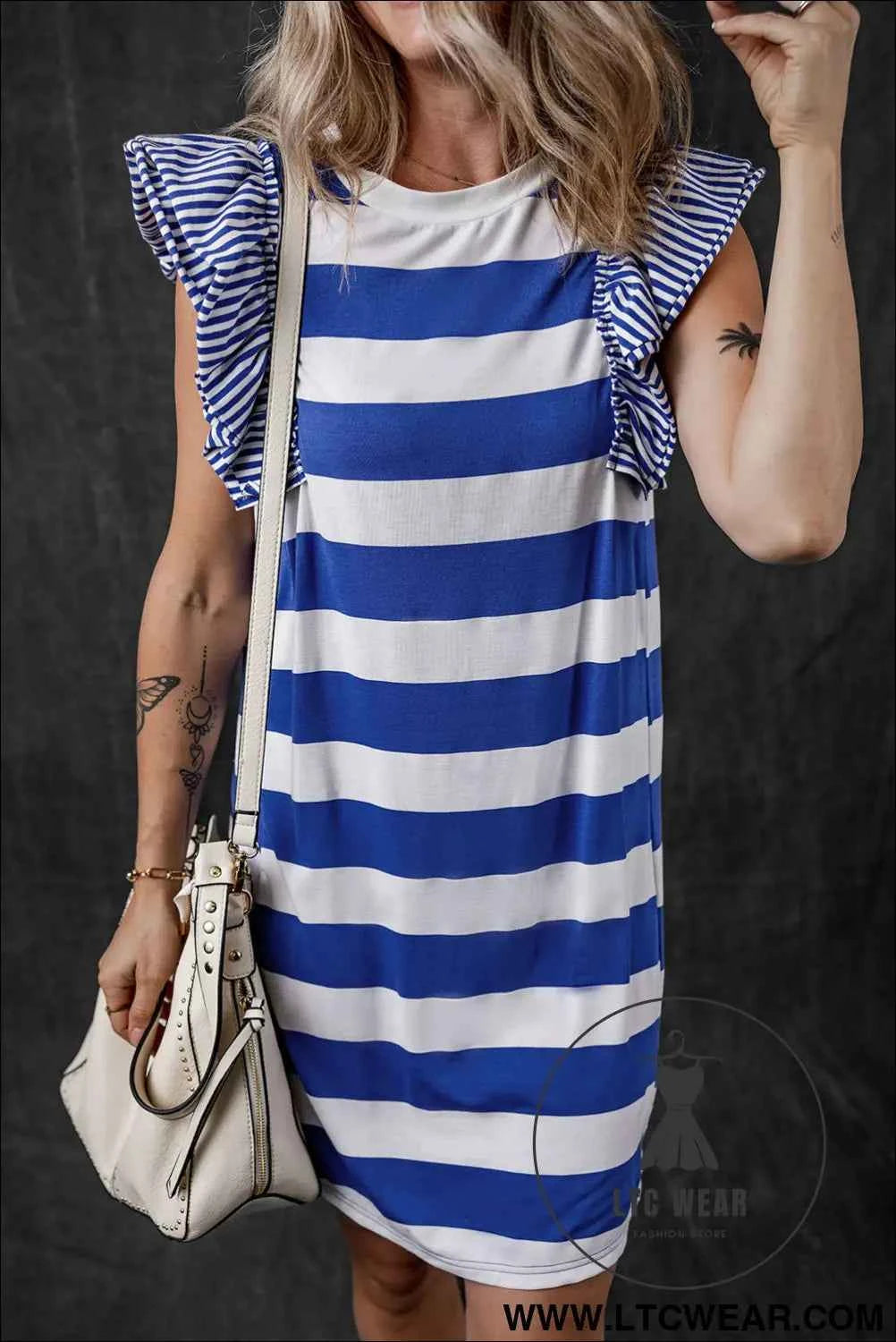 Sky Blue Stripe Ruffled Sleeve T-shirt Dress