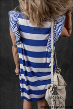 Sky Blue Stripe Ruffled Sleeve T-shirt Dress
