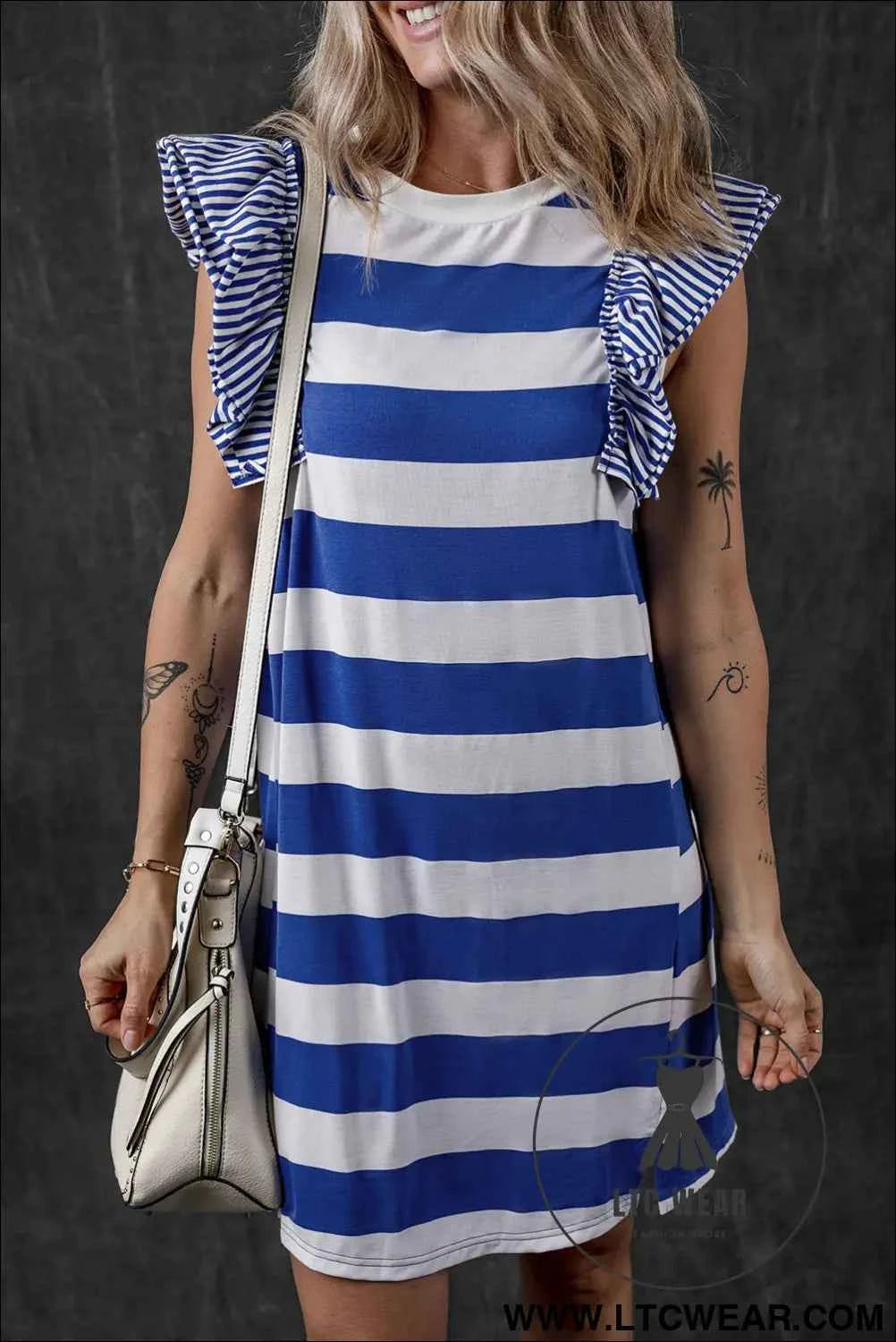 Sky Blue Stripe Ruffled Sleeve T-shirt Dress