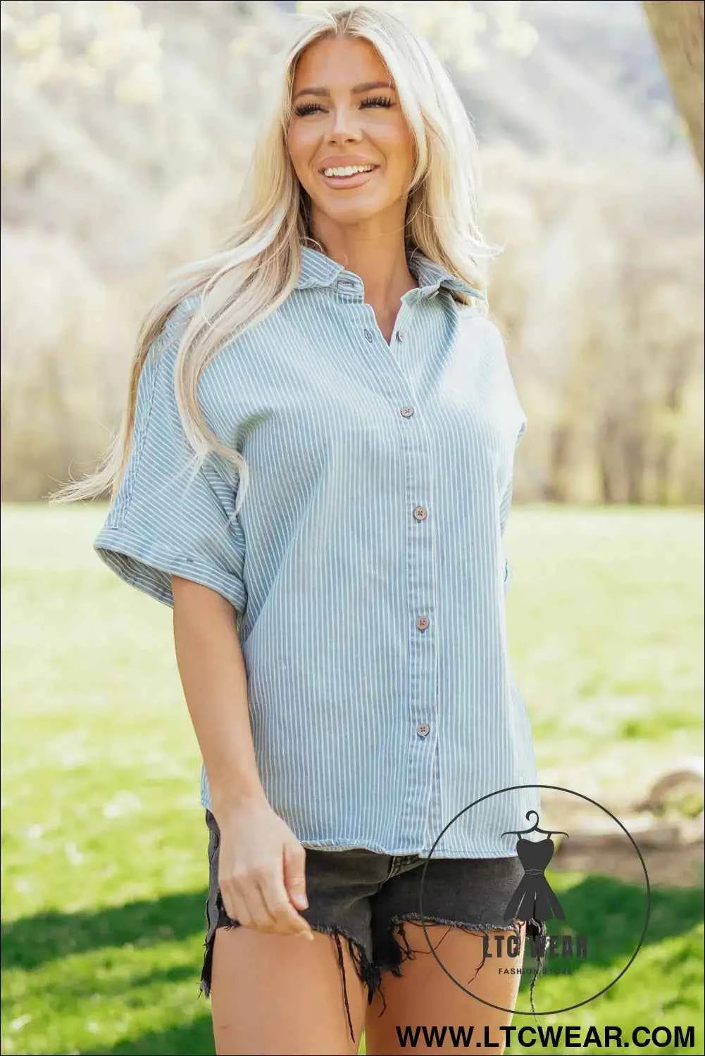 Sky Blue Stripe Cuffed Short Sleeve Button up Loose Shirt
