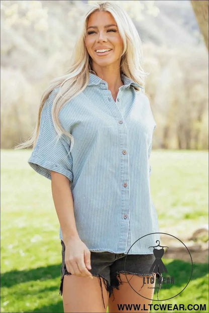 Sky Blue Stripe Cuffed Short Sleeve Button up Loose Shirt