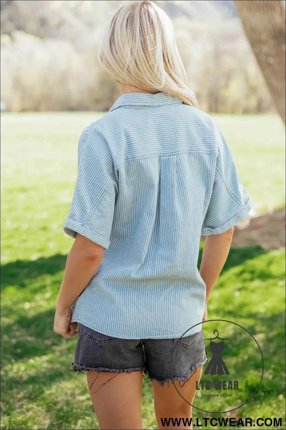 Sky Blue Stripe Cuffed Short Sleeve Button up Loose Shirt