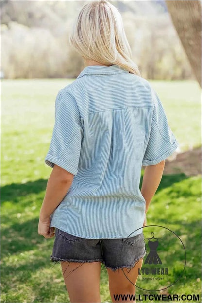 Sky Blue Stripe Cuffed Short Sleeve Button up Loose Shirt