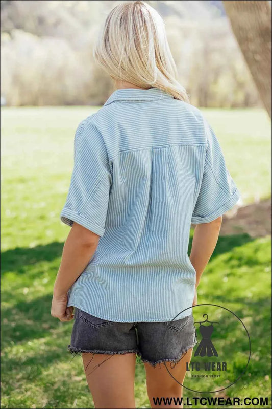 Sky Blue Stripe Cuffed Short Sleeve Button up Loose Shirt