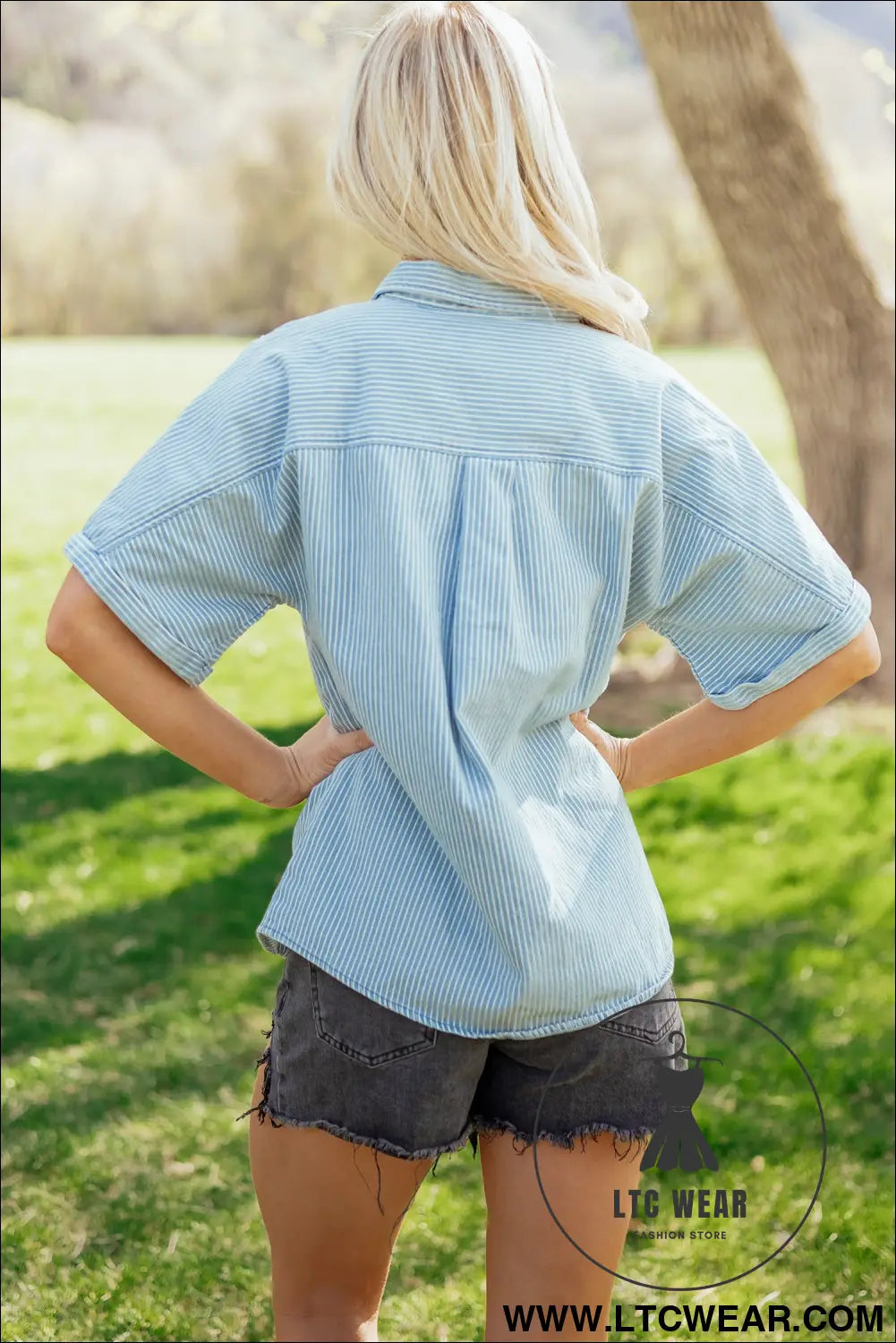 Sky Blue Stripe Cuffed Short Sleeve Button up Loose Shirt - L.T.C Wear Online Fashion Store