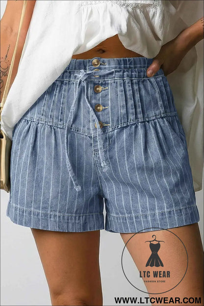 Sky Blue Stripe Drawstring Button Pleated High Waist Denim Shorts
