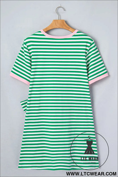 Sky Blue Stripe Nautical Tie Contrast Trim Round Neck T Shirt Mini Dress - L.T.C Wear Online Fashion Store