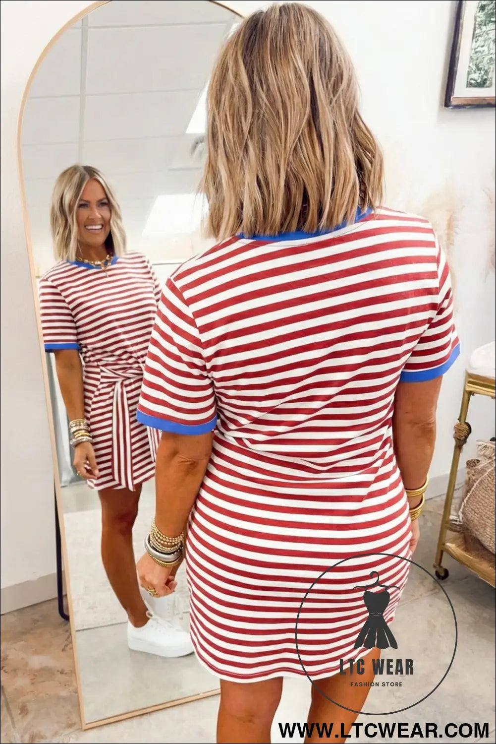 Sky Blue Stripe Nautical Tie Contrast Trim Round Neck T Shirt Mini Dress - L.T.C Wear Online Fashion Store