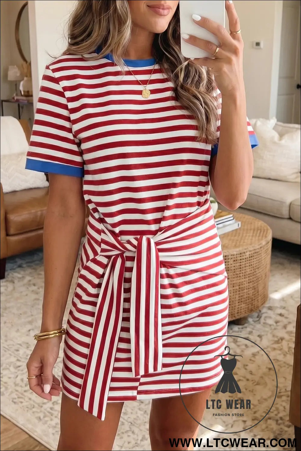 Sky Blue Stripe Nautical Tie Contrast Trim Round Neck T Shirt Mini Dress - L.T.C Wear Online Fashion Store