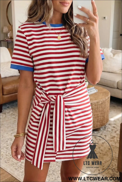 Sky Blue Stripe Nautical Tie Contrast Trim Round Neck T Shirt Mini Dress - L.T.C Wear Online Fashion Store